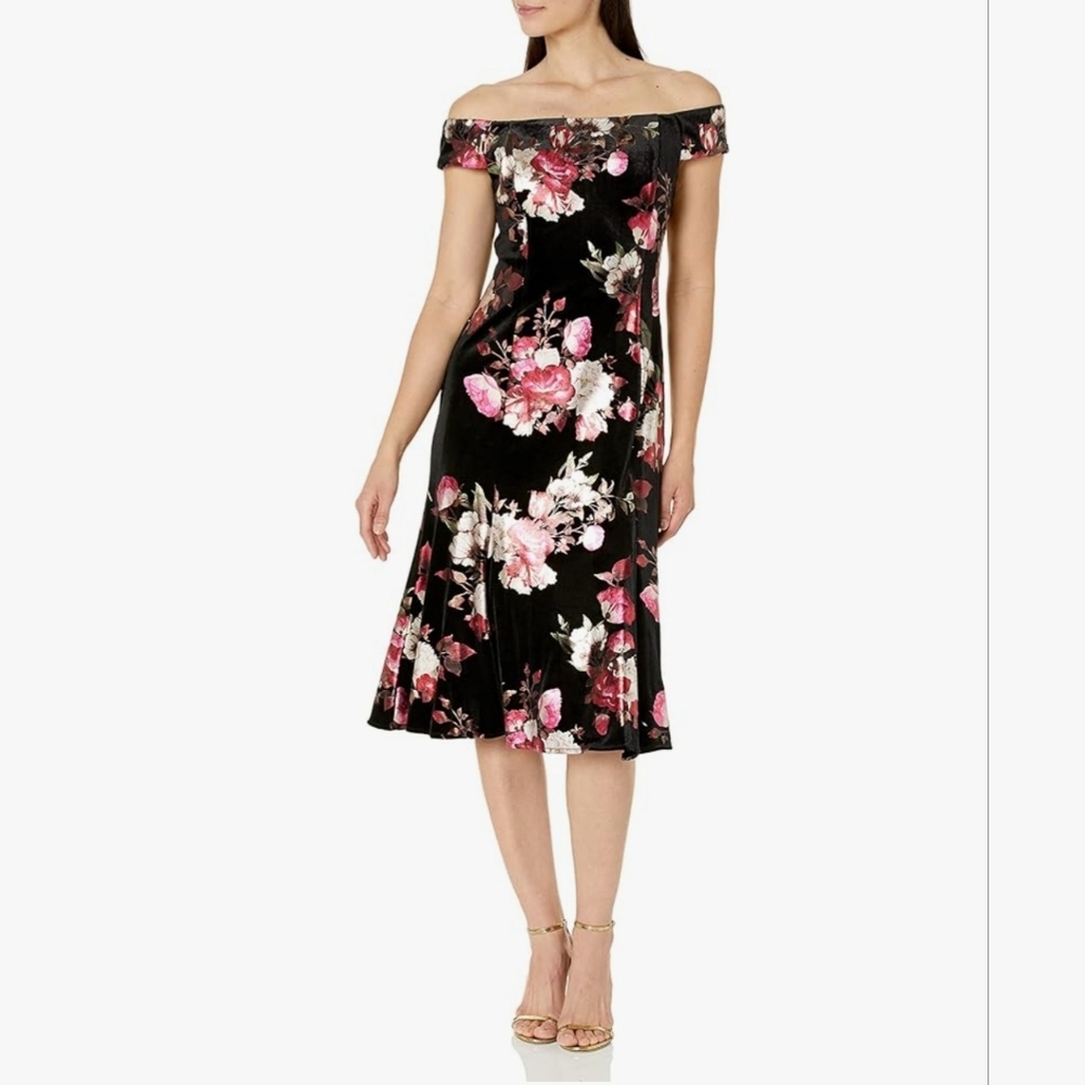 NWT Adriana Papell Off Shoulder Velvet Floral Dress 2 MSRP $229
